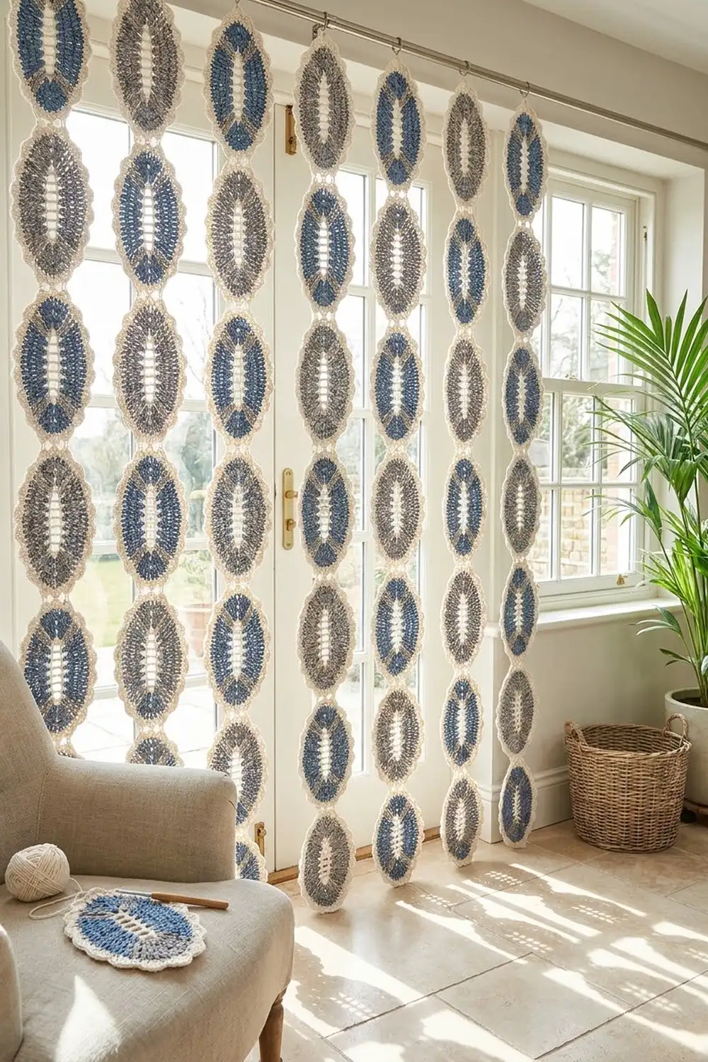 Blue and gray crocheted oval-pattern curtains filter natural light in a bright, minimalist sunlit interior.