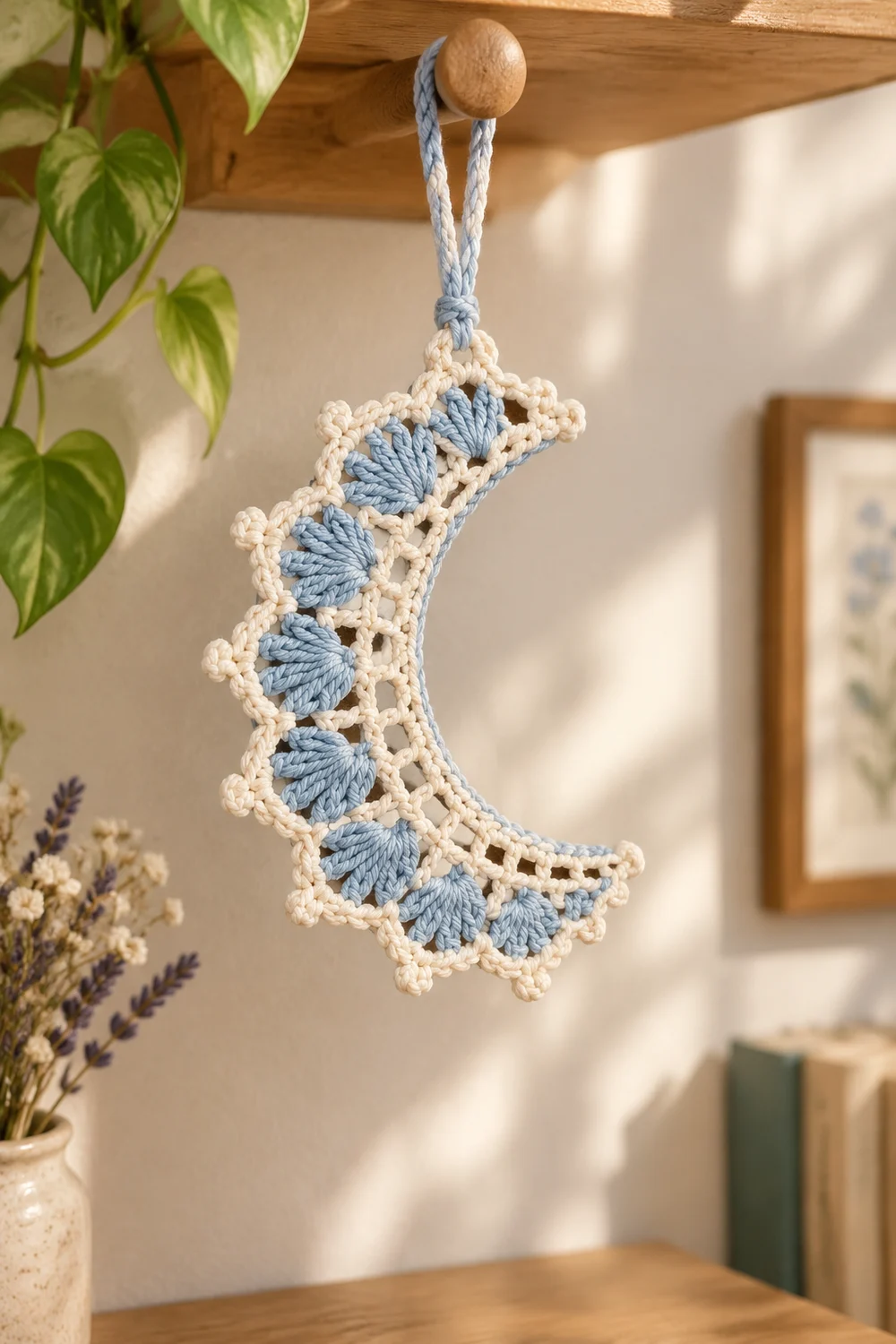 A crocheted blue and cream moon ornament hangs from a wooden beam in a sunlit room with plants nearby.