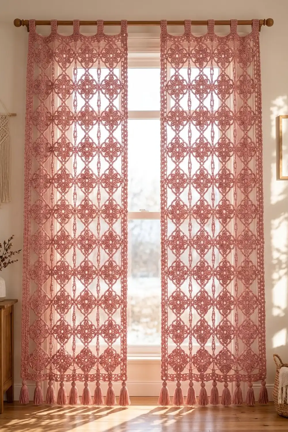 Dusty rose crocheted curtains with geometric diamond lace and tassels hang on a brass rod at a sunny window.