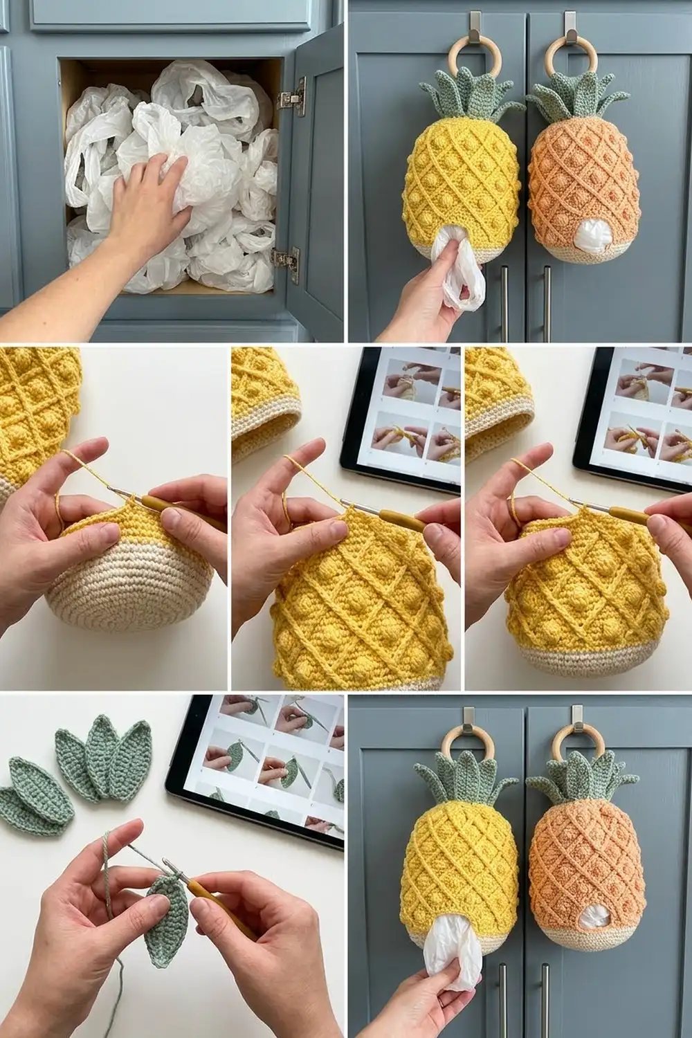 Crocheted pineapple tissue holders in yellow and coral with green leaves hanging on a gray cabinet door.