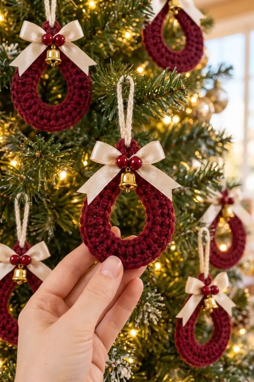 Hand holding a burgundy crocheted horseshoe ornament with ivory bow and gold bell against a twinkling Christmas tree.