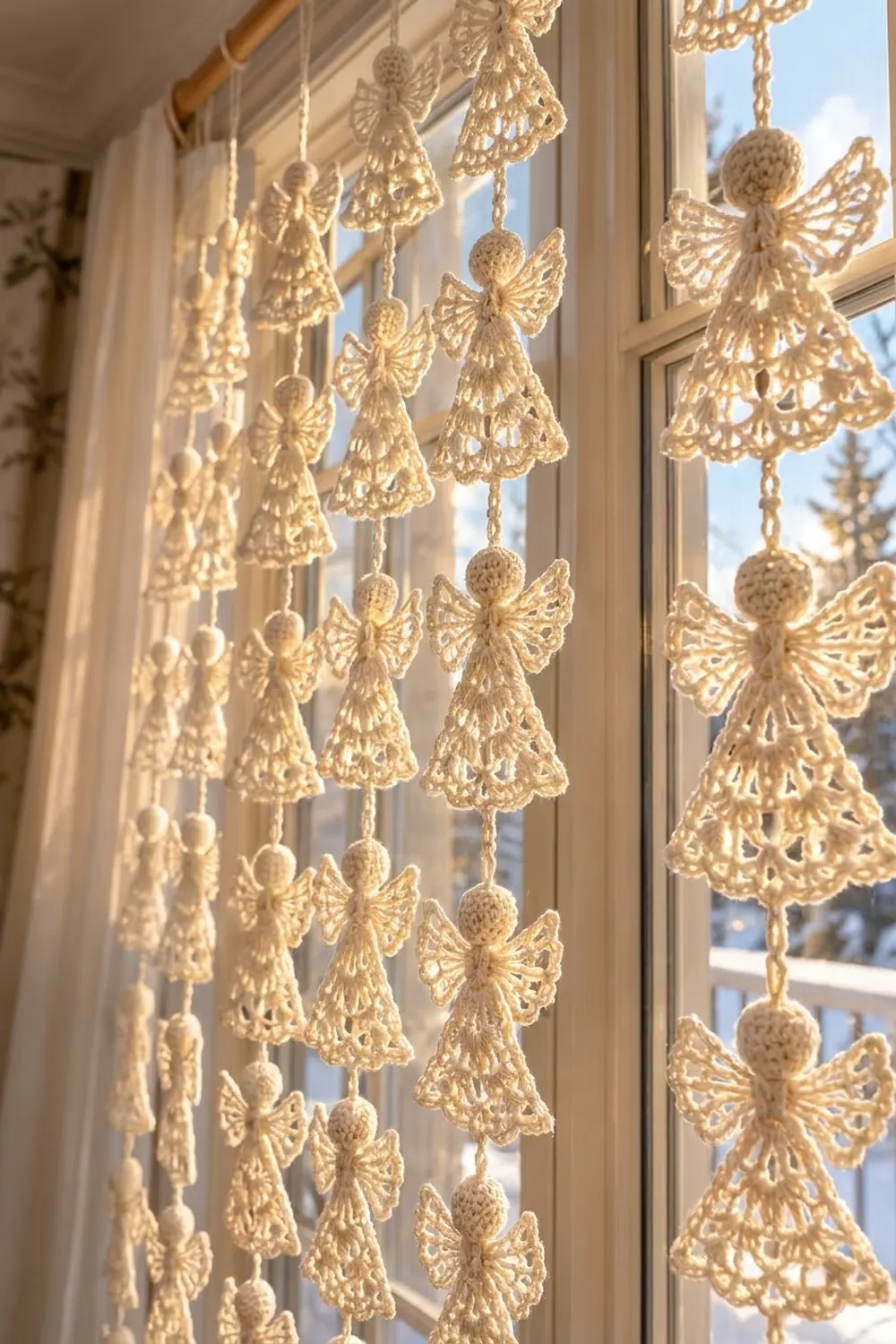 Cream crocheted angel and Christmas tree ornaments suspended at a bright window overlooking a snowy winter landscape.