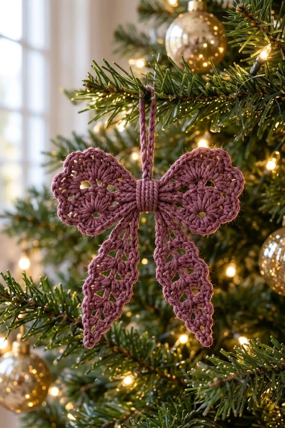 Burgundy crocheted bow ornament hanging on an evergreen garland decorated with golden lights and ornaments.