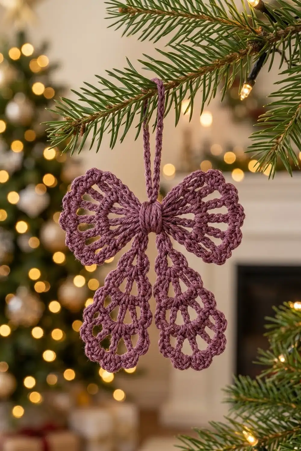 Purple lace-pattern crocheted bow ornament hanging from a pine branch amid soft golden Christmas lights.