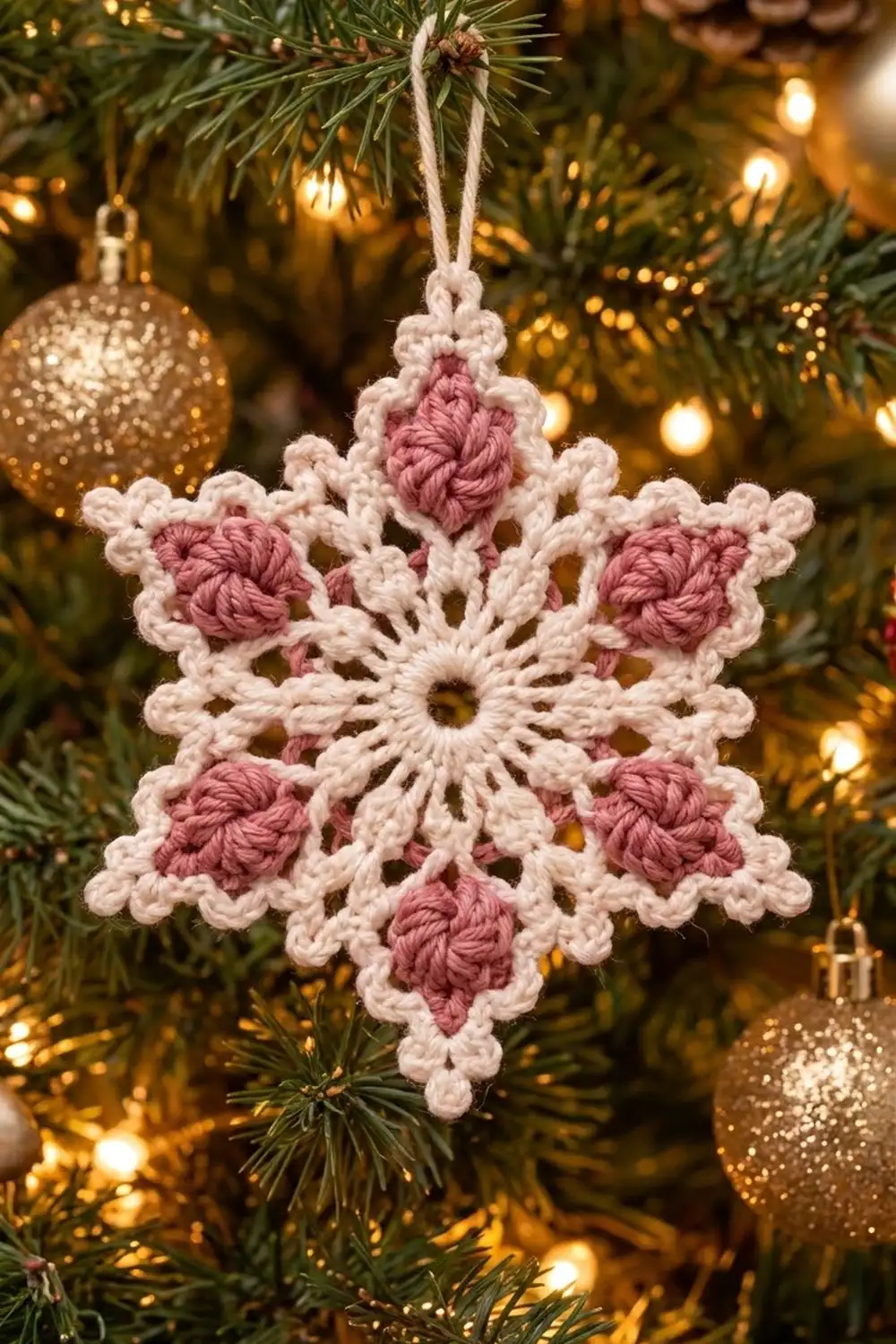 Cream-and-mauve crocheted snowflake ornament with rose details hanging on an evergreen tree surrounded by gold ornaments and warm lights.