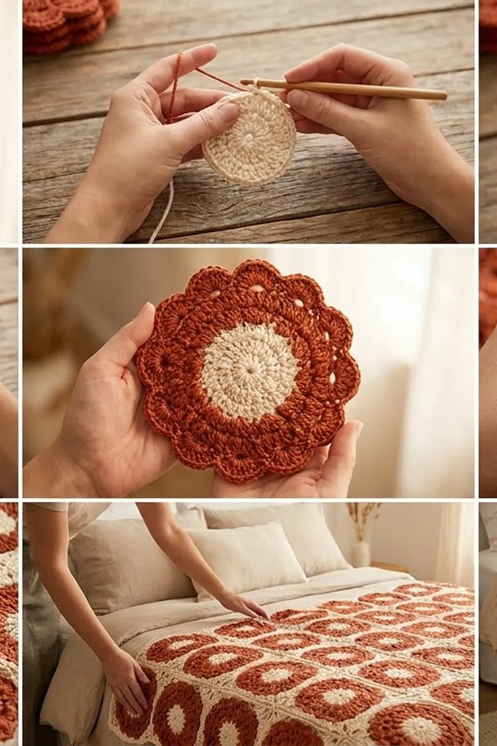 Crocheted throw with rust-red and cream flower squares displayed on a bed with pillows.