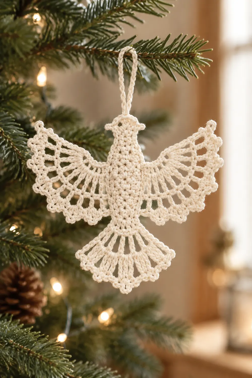 A cream crocheted angel ornament with lace wings hangs from a string on an evergreen Christmas tree.