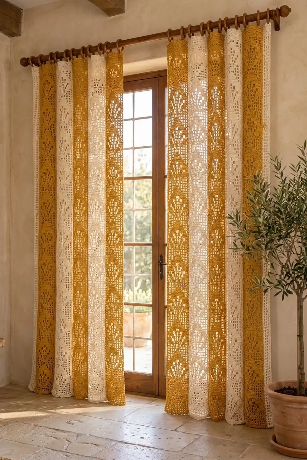 Mustard and cream lacy crocheted curtains hang from wooden rod, framing glass doors beside potted olive plant in minimalist room.