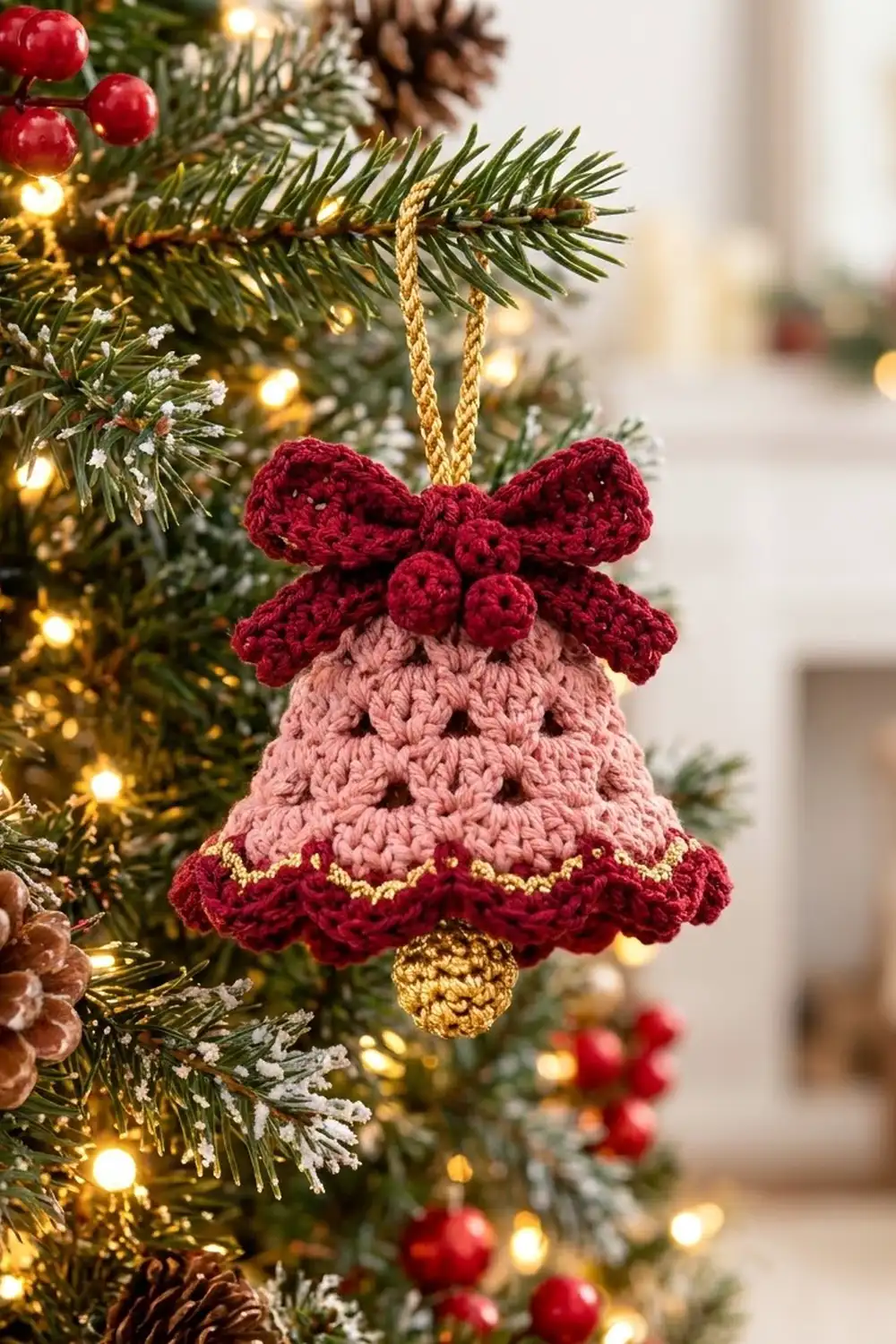 Crocheted bell ornament in dusty pink with crimson bow and trim decorates an evergreen Christmas tree.