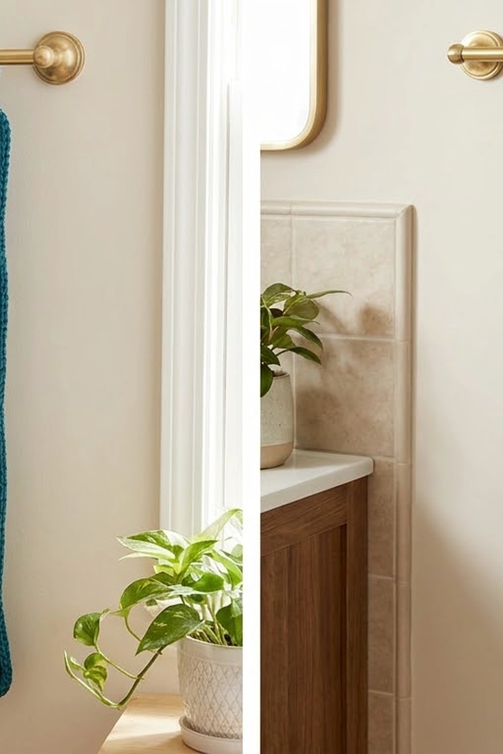 Teal crocheted towel styled in a minimal bathroom with brass fixtures, marble backsplash, and living plants.