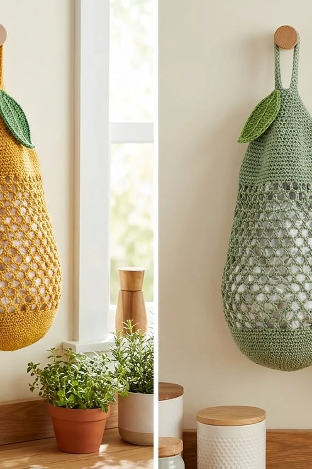 Two crocheted hanging bags in yellow and green with leaves hang from wooden knobs above potted plants by a window.
