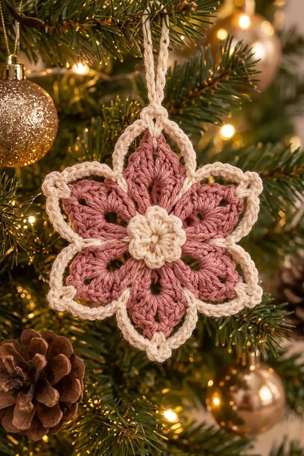 Crocheted star flower ornament with dusty pink petals and cream edges hanging on Christmas tree with golden lights and decorations.