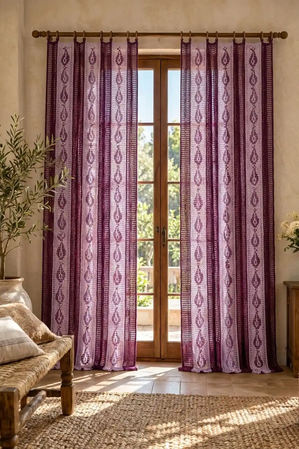 Burgundy crocheted curtains with geometric diamond motif frame a glass door in a sunlit, neutral-toned interior.