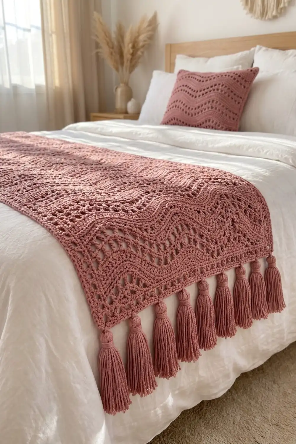 Dusty rose crocheted blanket with tassels draped on white bedding in a bright, minimalist bedroom.