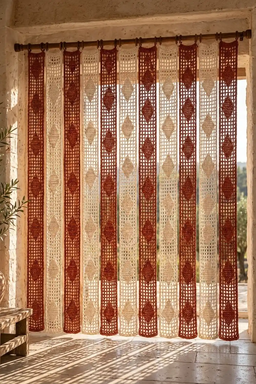 Burgundy and cream crochet panels with openwork patterns hang from a wooden rod in a rustic sunlit room.