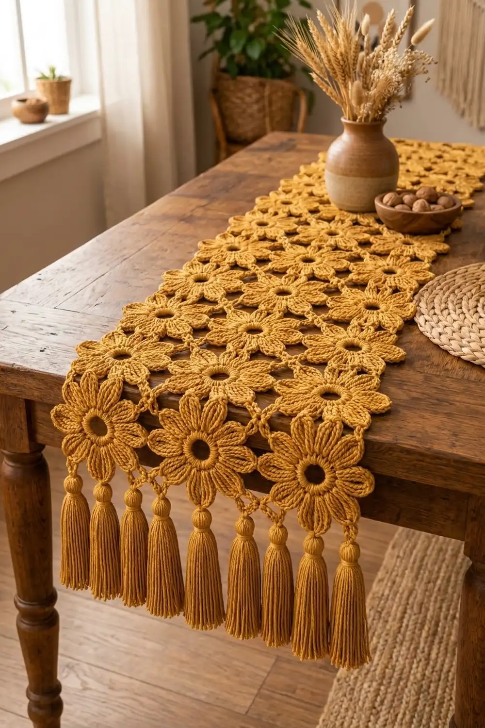 Golden crocheted flower table runner with tassels on a wood table, styled with dried wheat and home accessories.