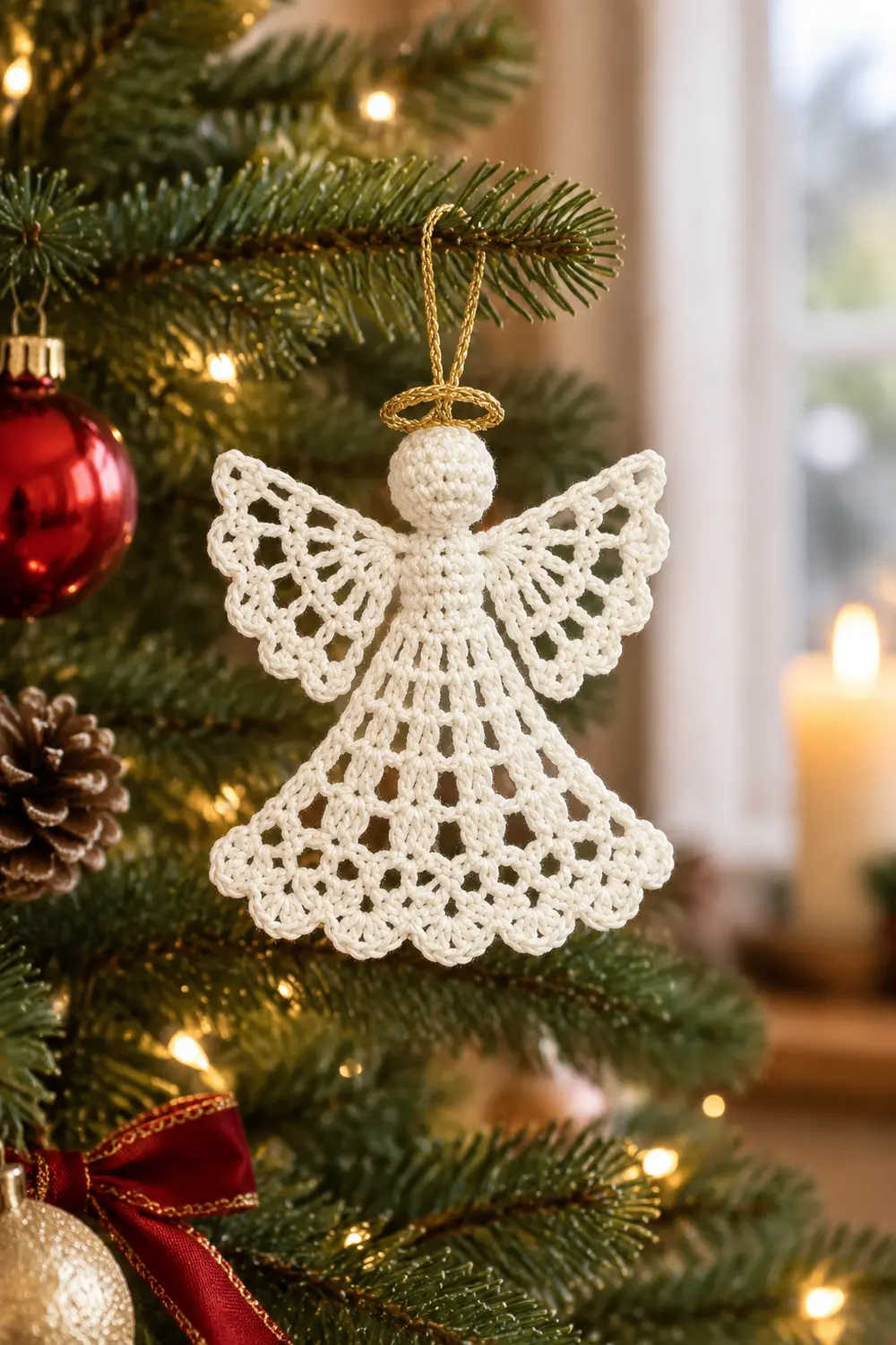 A delicate white crocheted angel ornament with lacy wings hangs from a gold string on a decorated Christmas tree.