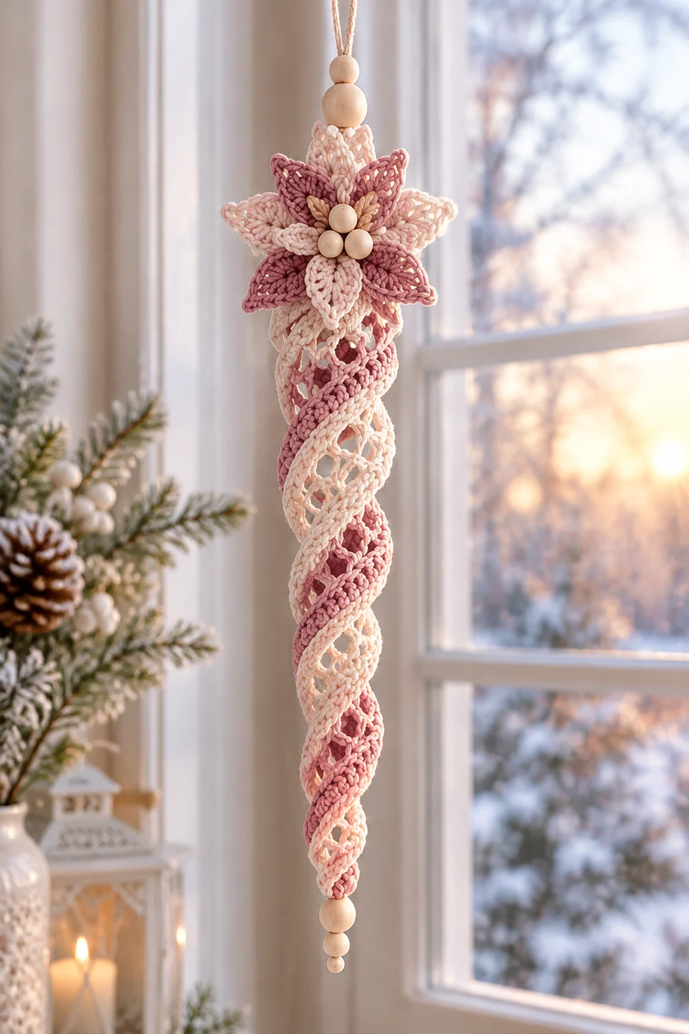 A crocheted pink and cream star ornament with wooden beads hangs in a snowy window beside evergreen branches.