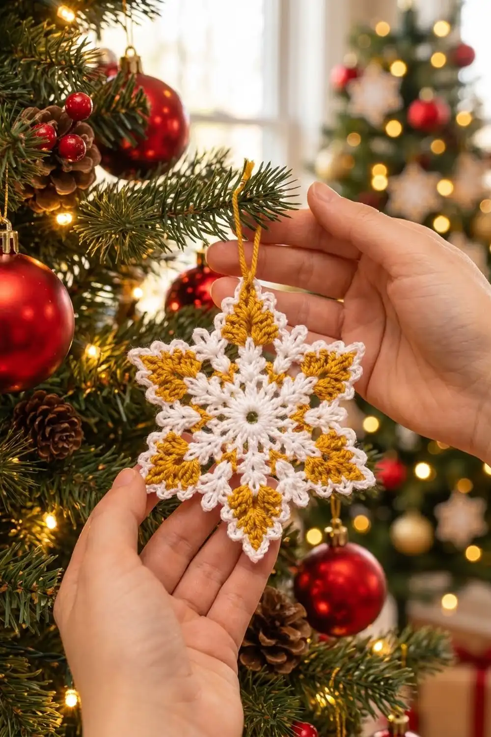 Hand holding a white and gold crocheted snowflake ornament before a decorated Christmas tree with red ornaments and warm lights.