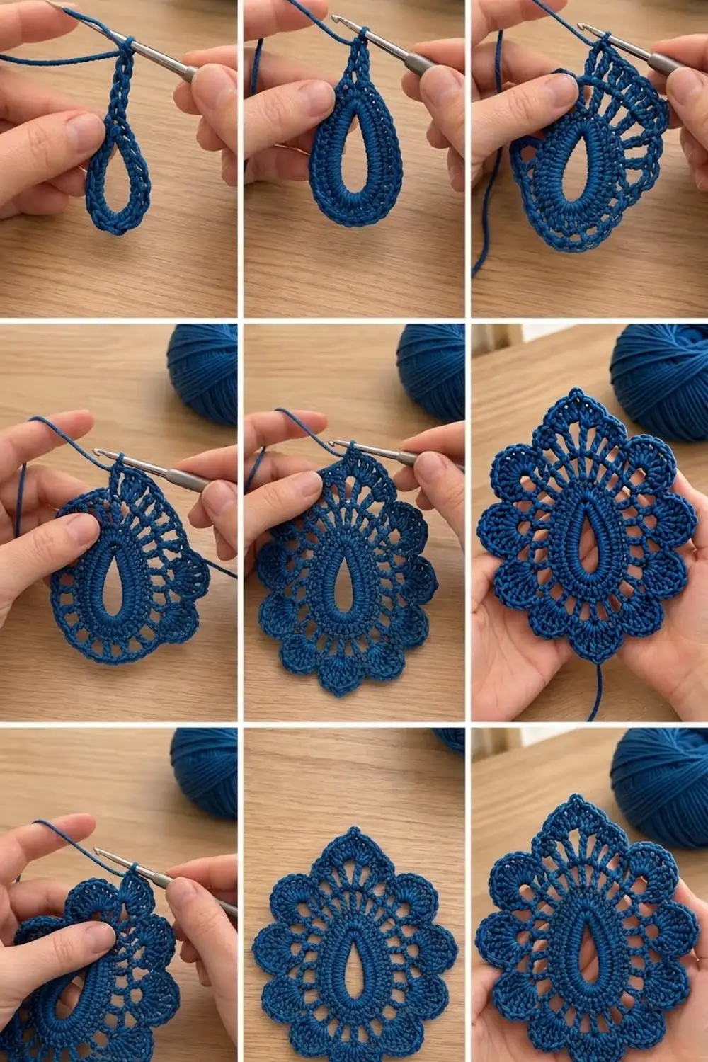 Hands progressively crochet a delicate blue lace appliqué with intricate openwork against a wooden surface.