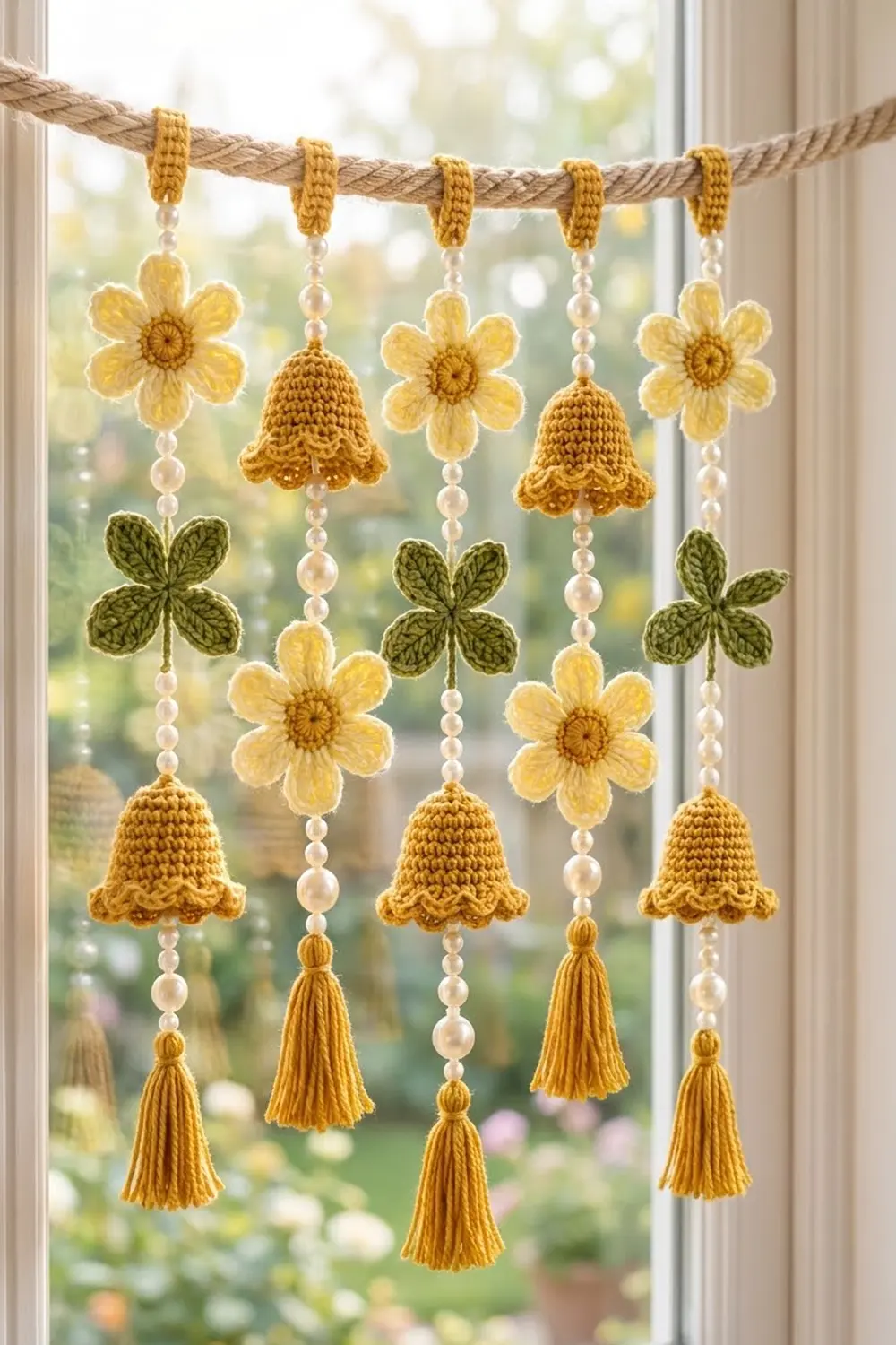 Crocheted yellow daisies, golden bells, and green clover charms dangle from beaded strings on jute rope in window.