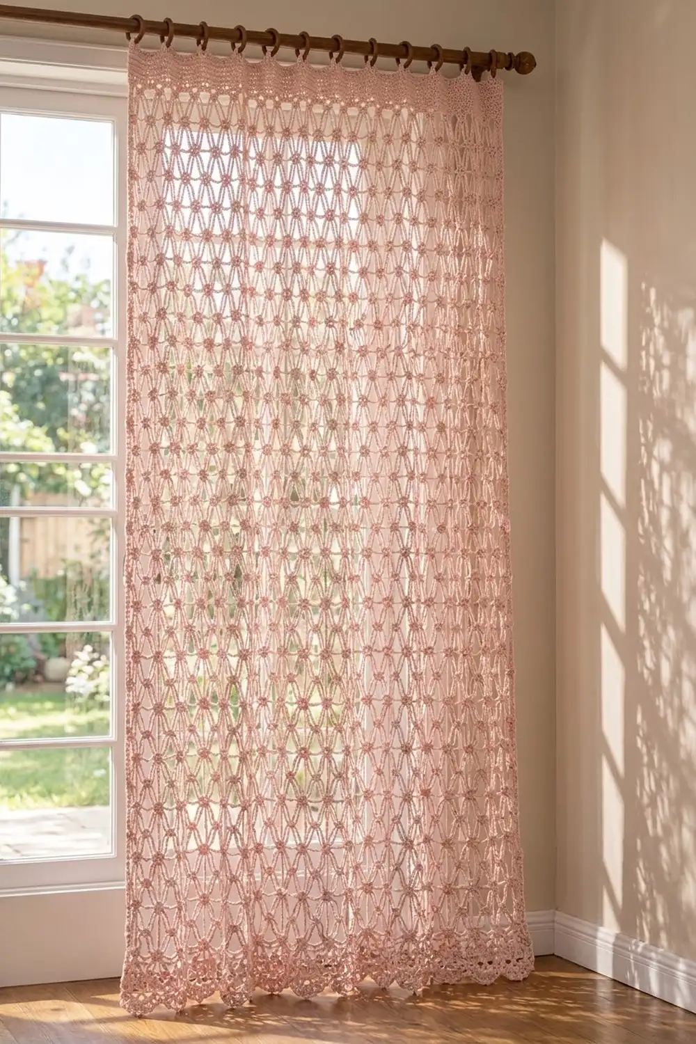 Dusty rose crochet lace curtain with geometric pattern hung on wooden rod, casting intricate shadows against a sunny window.