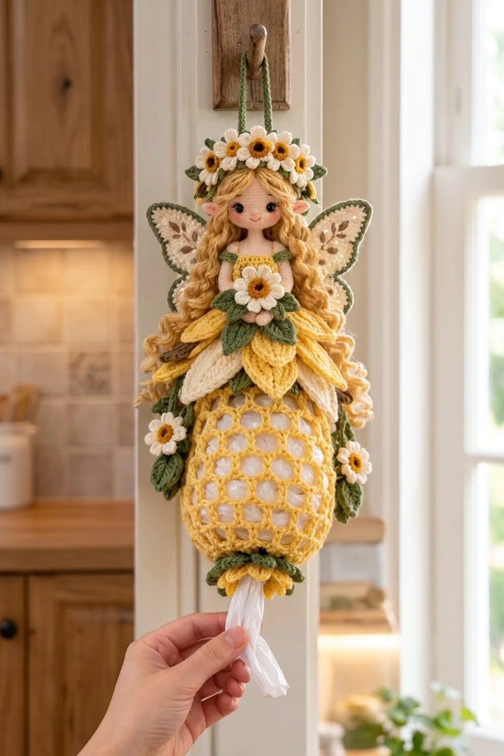 Crocheted fairy doll with blonde hair, daisy crown, and yellow petal dress held up in a warm-toned home interior.