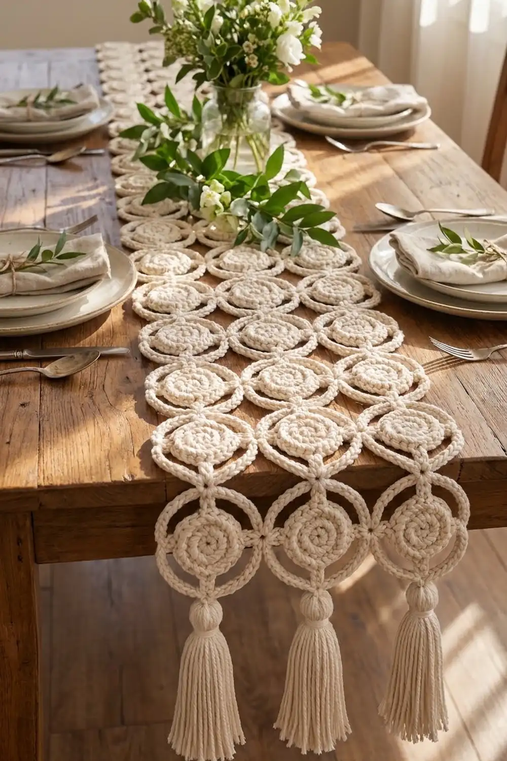 Cream-colored crocheted table runner with spiral designs and tassel trim decorates a dining table with white linens and floral arrangement.