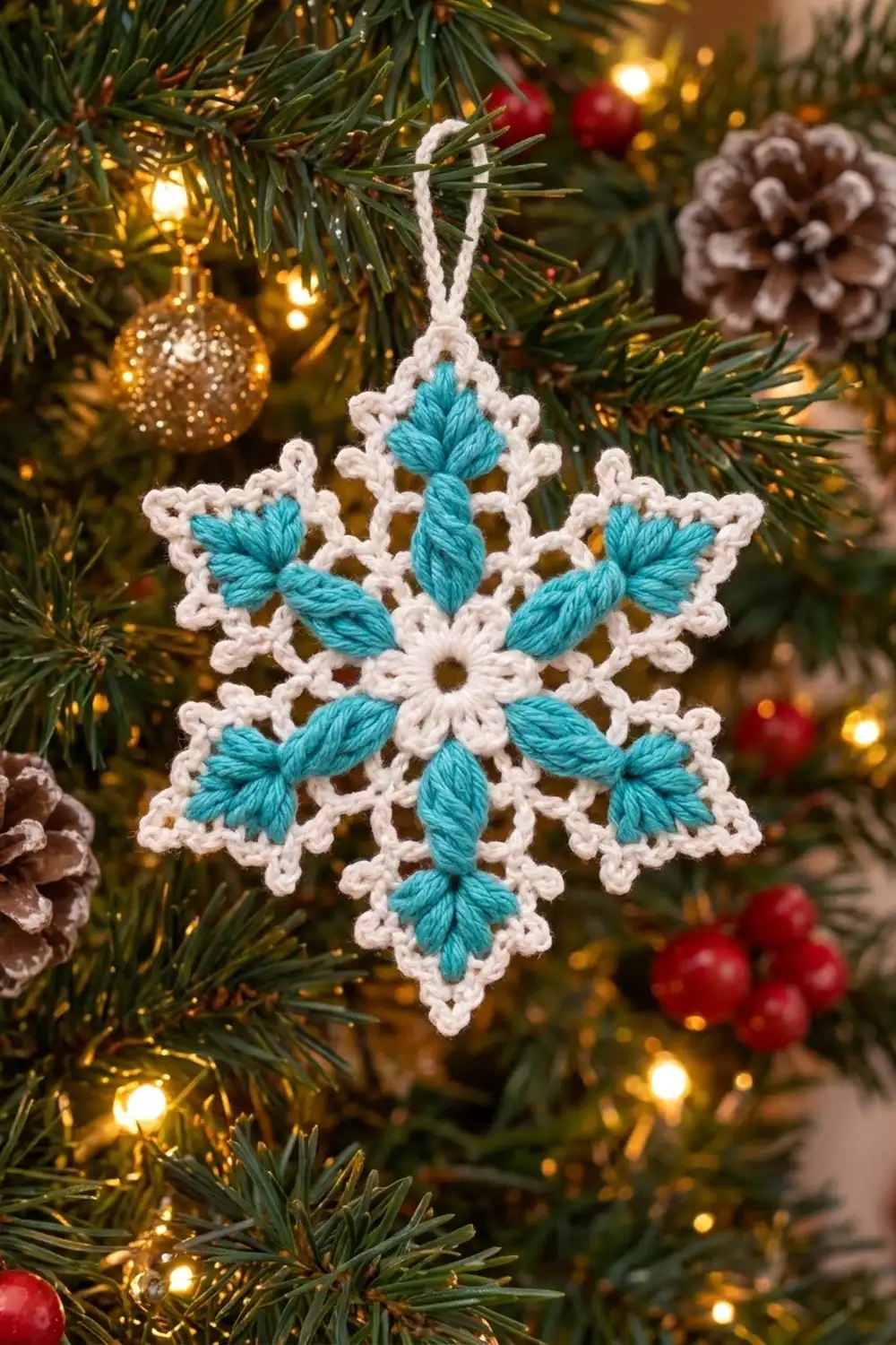 White crocheted snowflake with turquoise detail hanging on a Christmas tree amid golden lights and red ornaments.