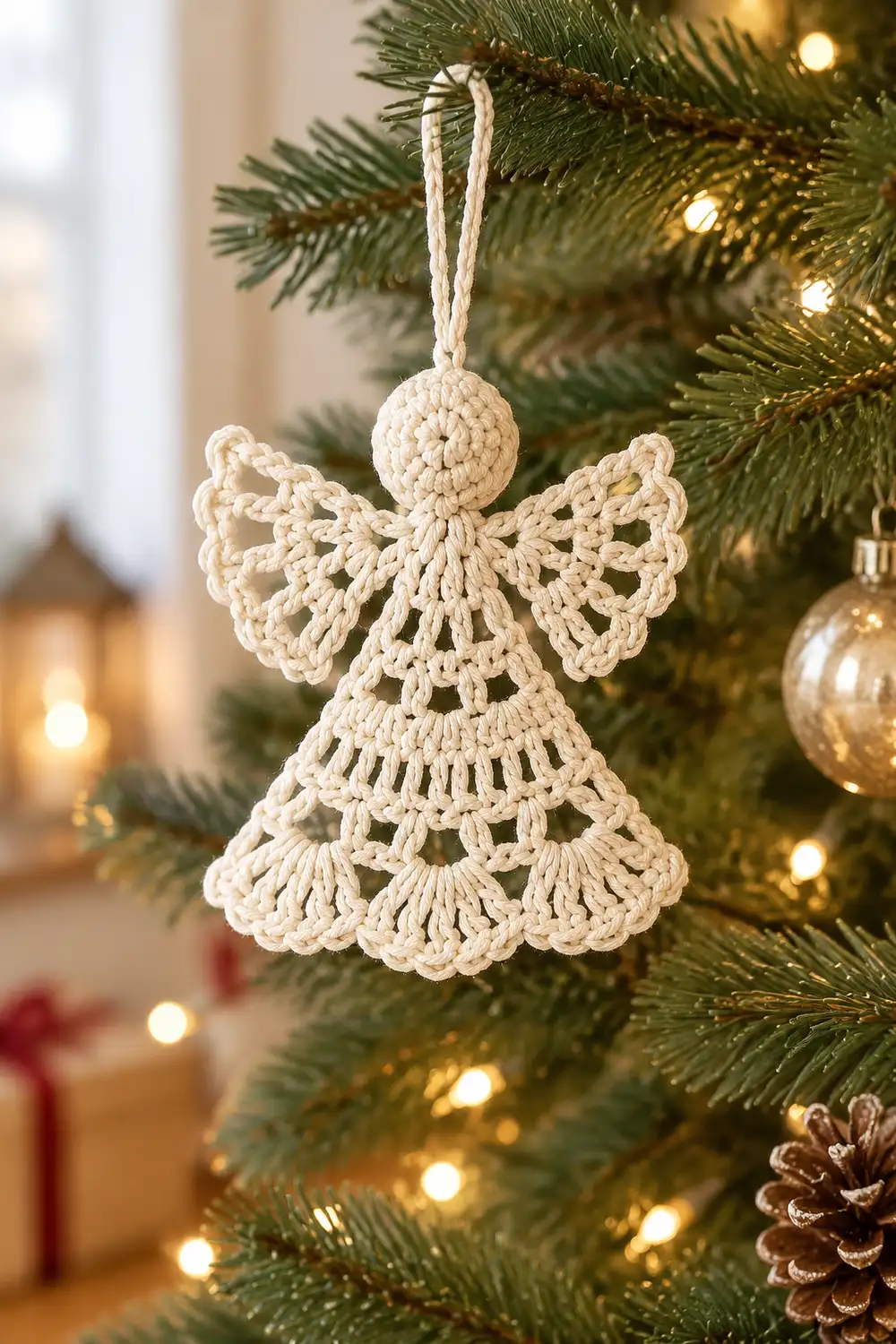 A cream-colored crocheted angel ornament hangs from evergreen branches among warm white lights and baubles.