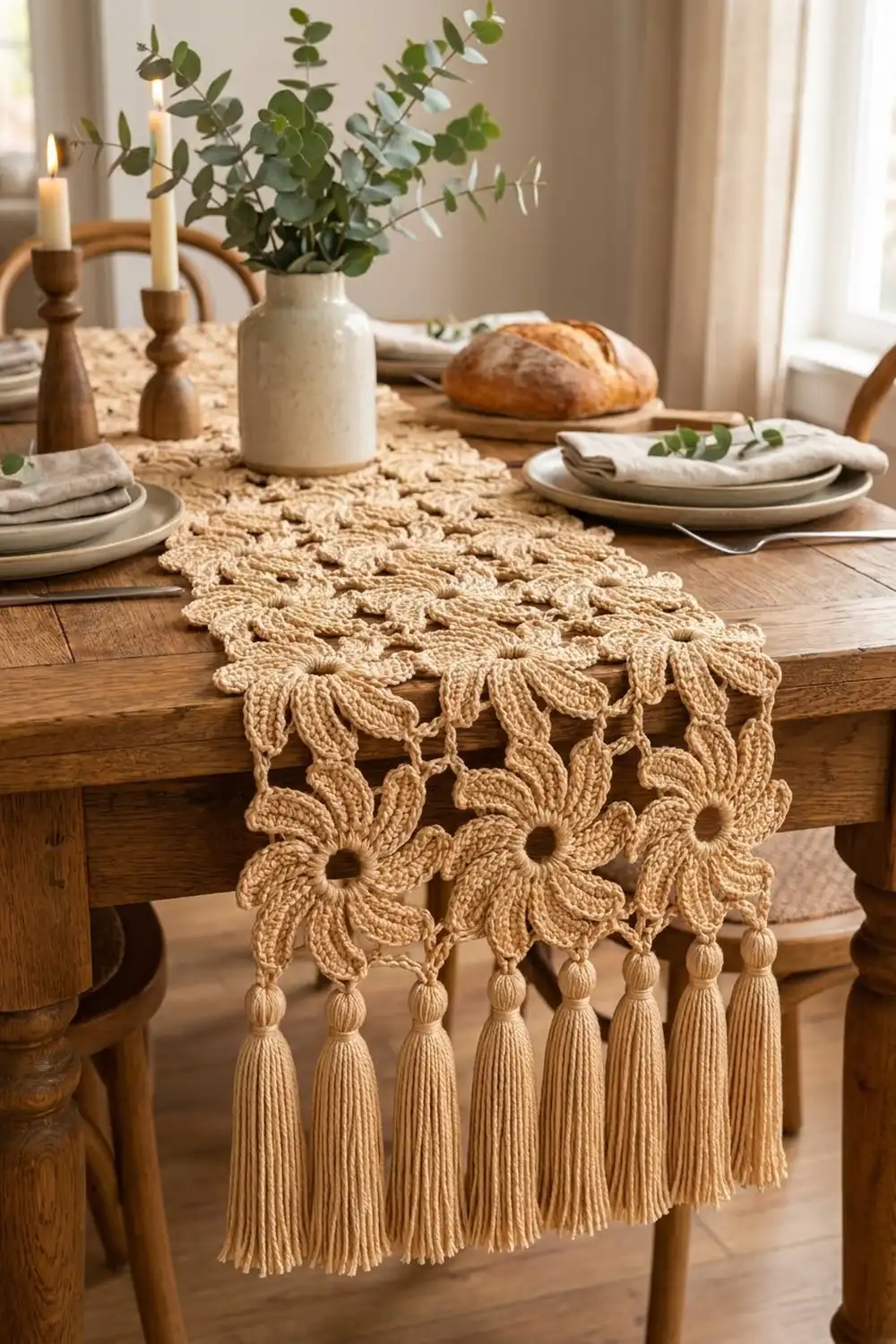 Cream crochet table runner with open-work flower motifs and tassel fringe styled on a wooden dining table.
