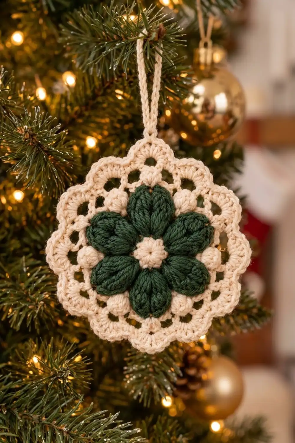 Crocheted cream and green mandala ornament hanging on an evergreen tree with golden lights.