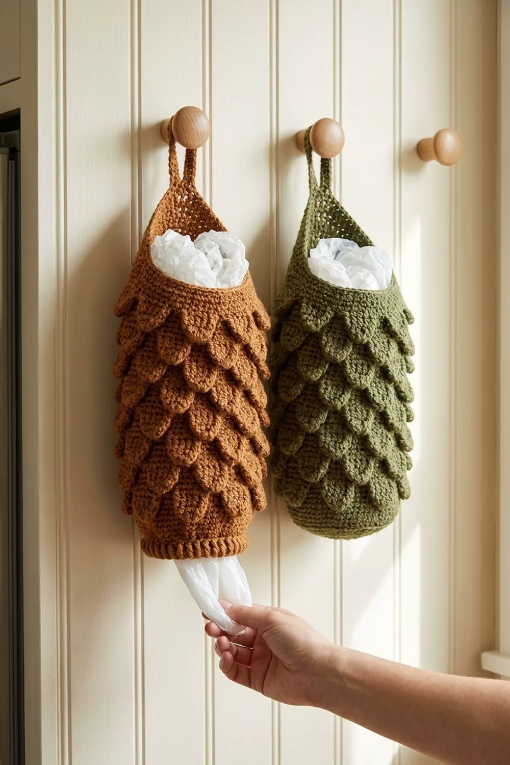 Terracotta and sage crocheted pinecone tissue holders hang from wooden knobs on a white paneled wall.