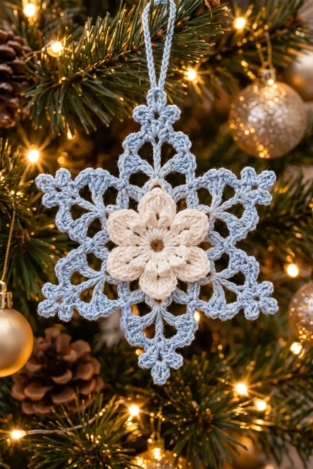 Light blue crocheted snowflake with cream center ornament hanging on an evergreen Christmas tree with warm golden lights.