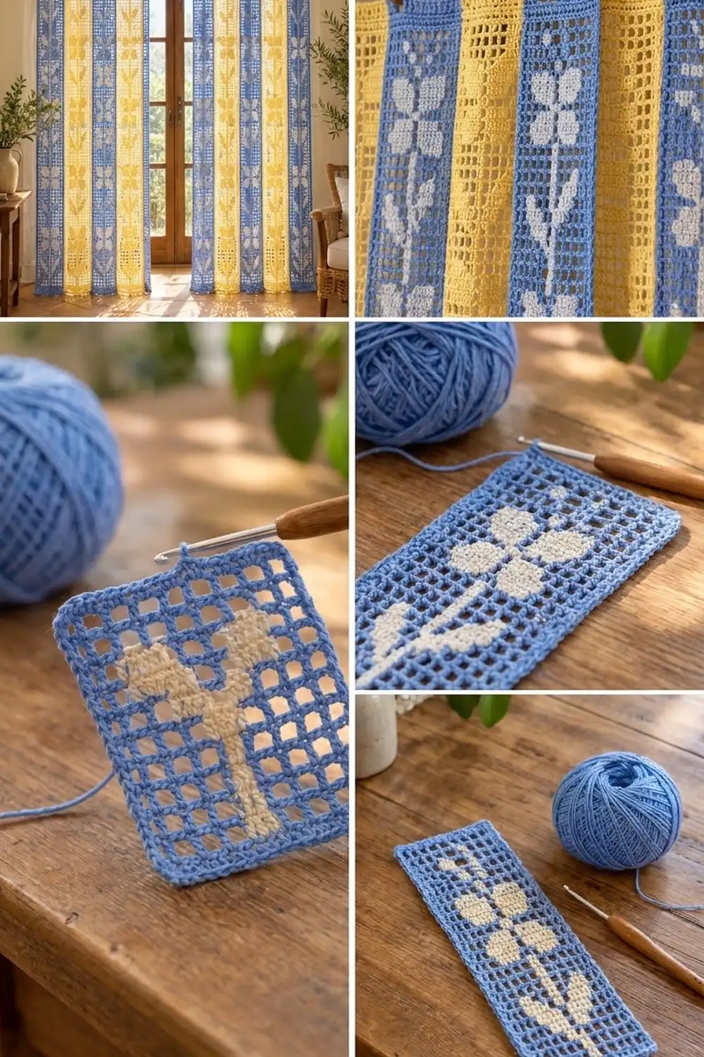 Blue and cream crocheted lace curtains with geometric motifs hang at a sunny window in a modern interior.