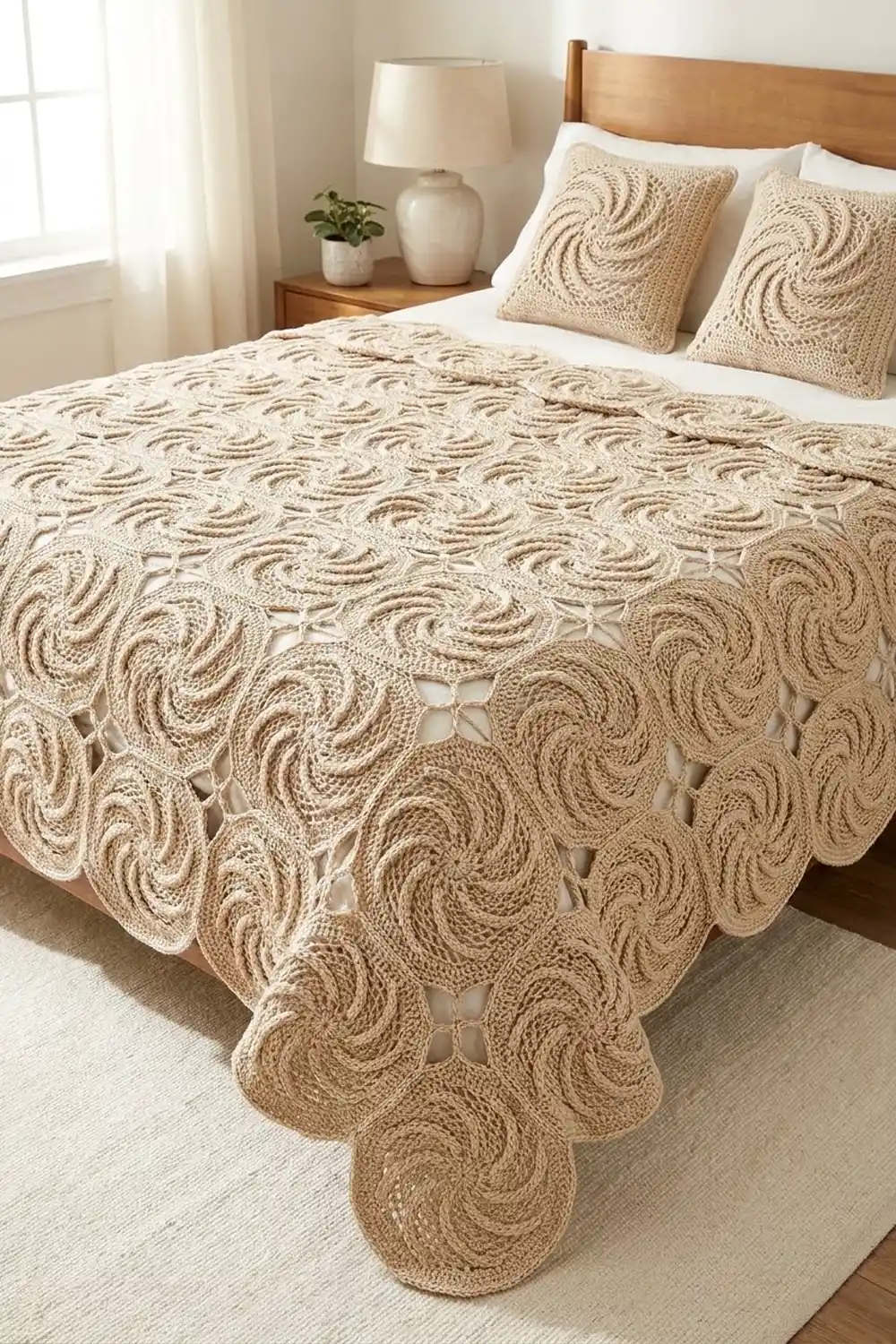 Cream-colored crocheted bedspread featuring spiral motifs placed on a bed with matching decorative pillows in a sunlit bedroom.