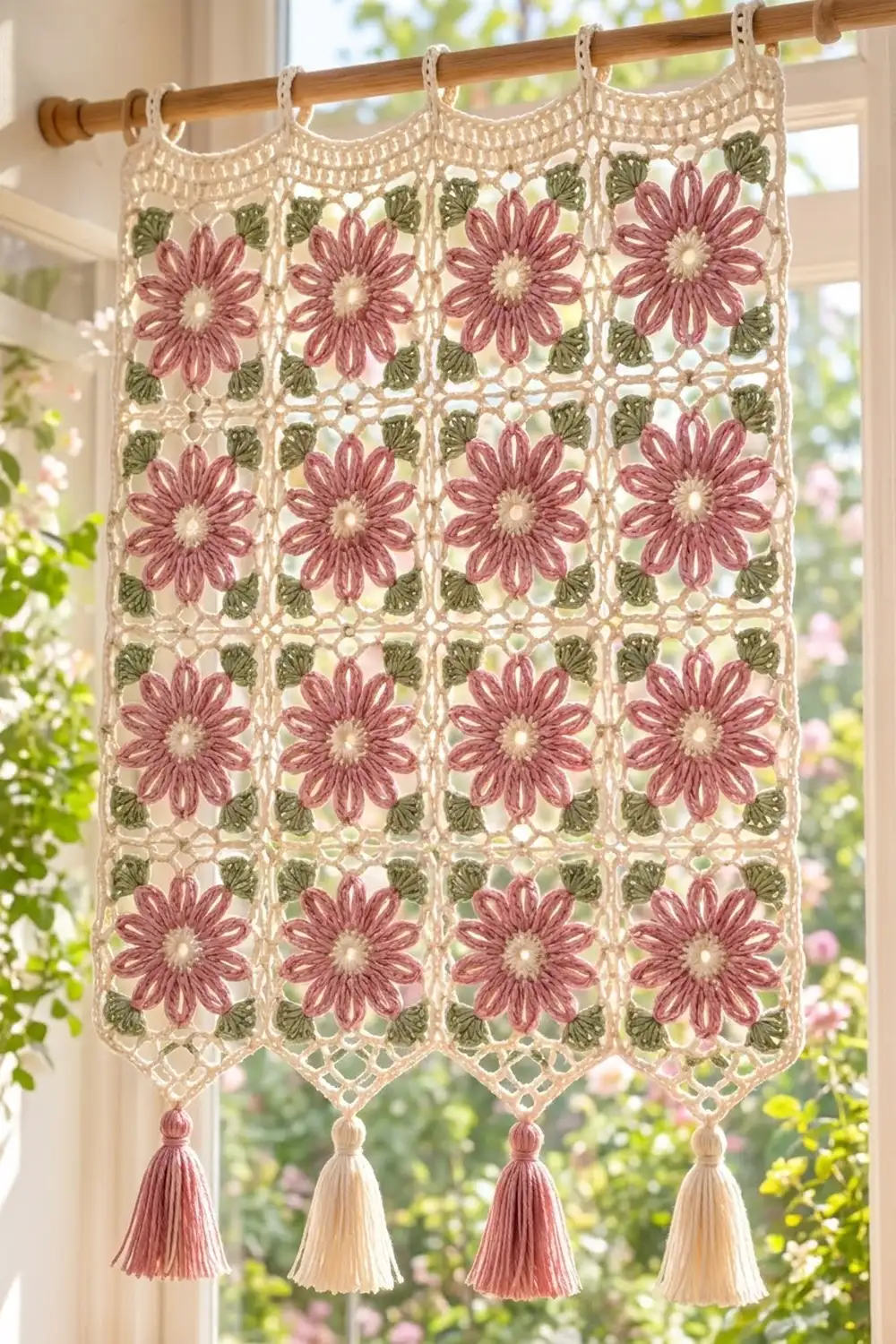 Crocheted window curtain with pink daisies and green leaves, adorned with alternating pink and cream tassels, hanging in bright daylight.