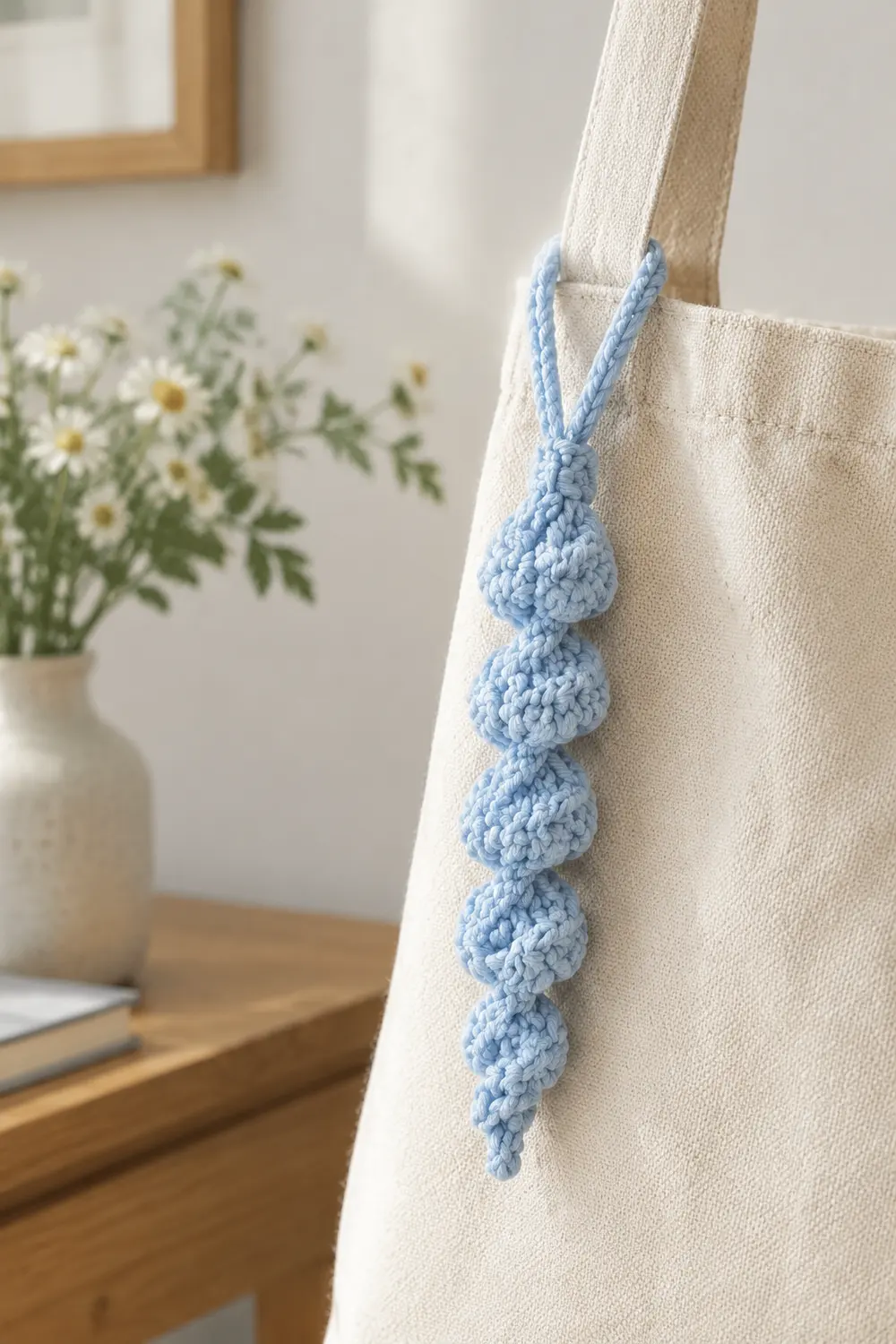 A cream canvas tote bag with a blue crocheted tassel charm hanging from its handle, styled on a wooden desk beside white daisies.