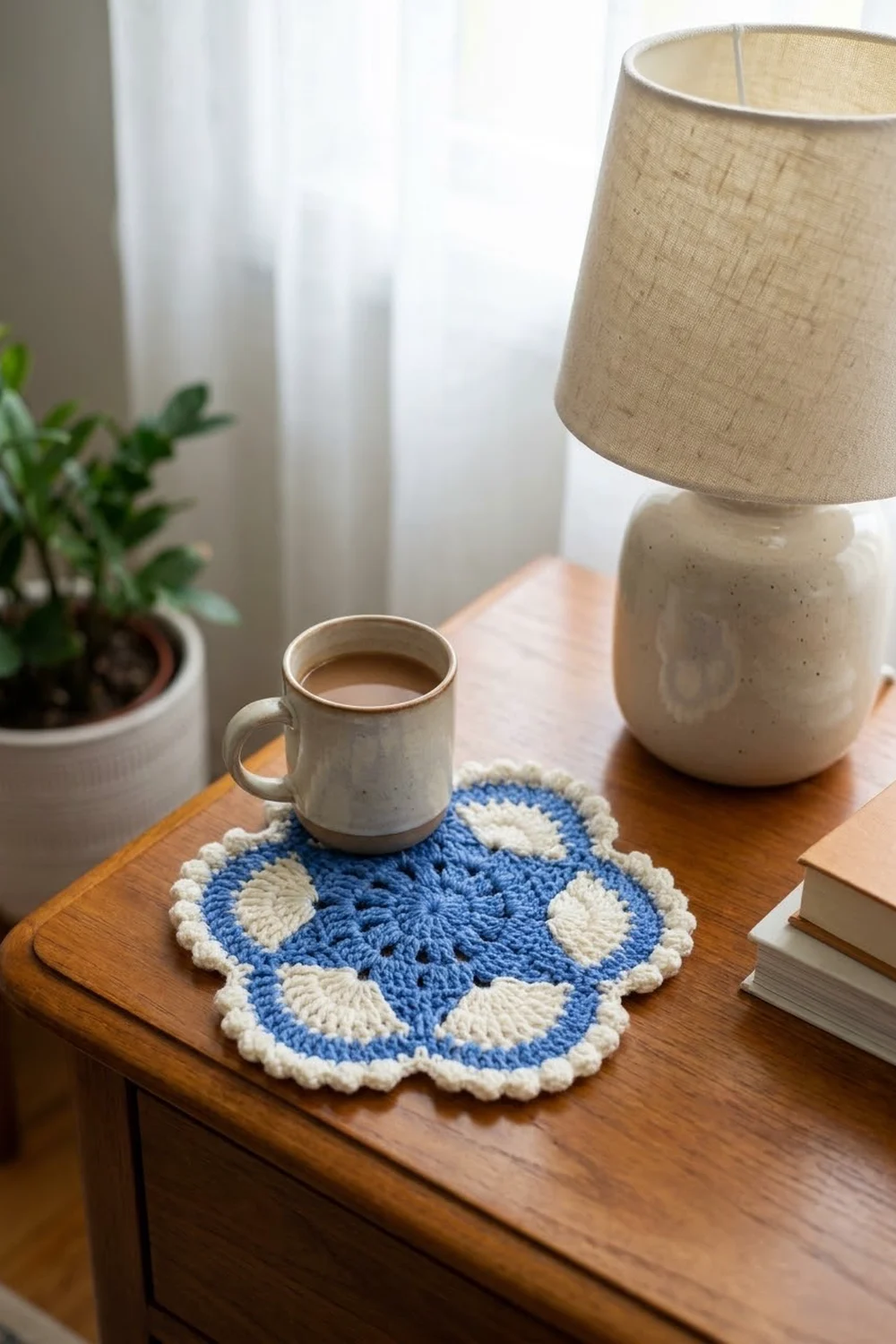 Blue and cream crocheted coaster with lace scalloped edge under ceramic mug on wooden table in bright space.