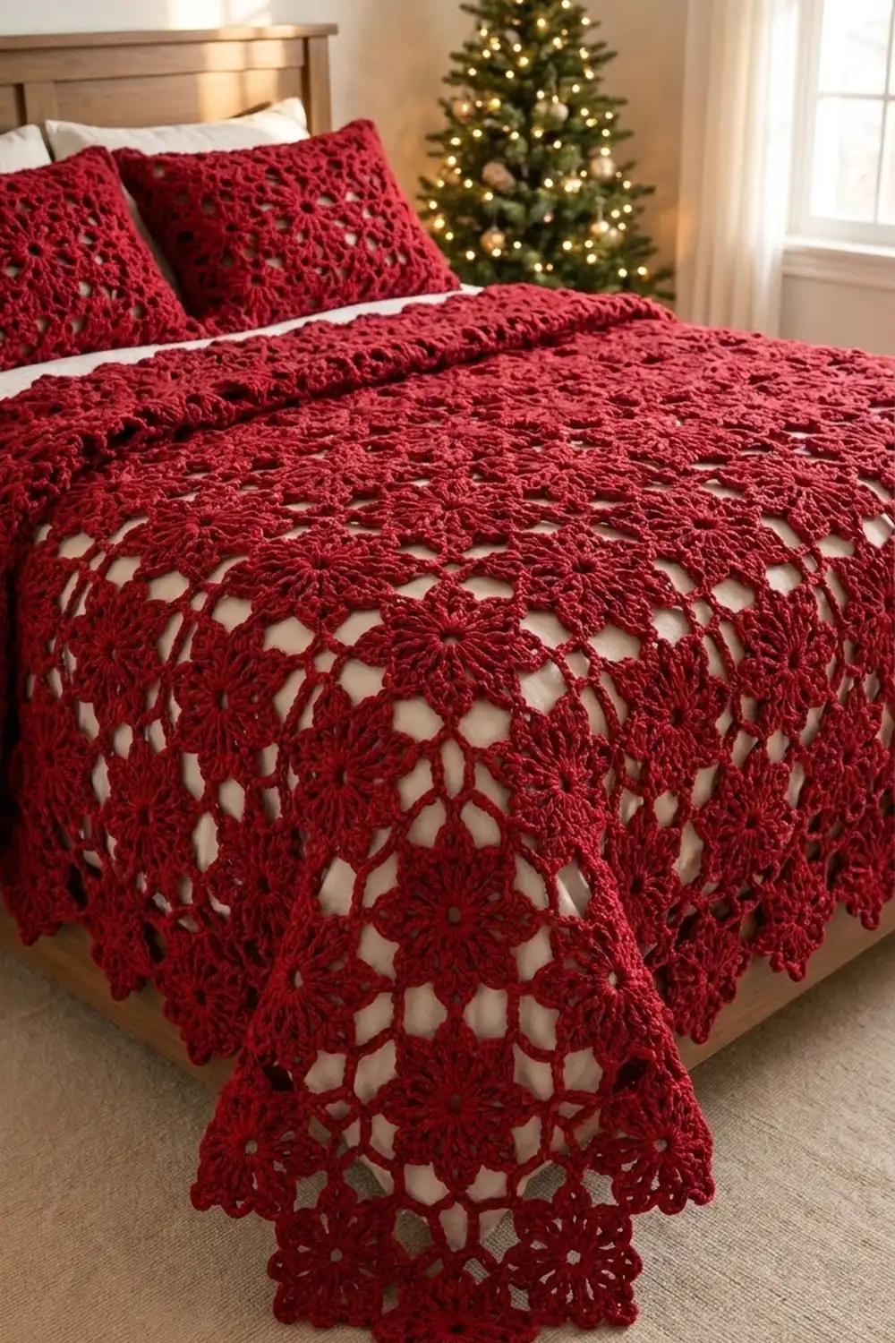 Burgundy crocheted lace bedspread and pillows styled on a bed with an illuminated Christmas tree backdrop.