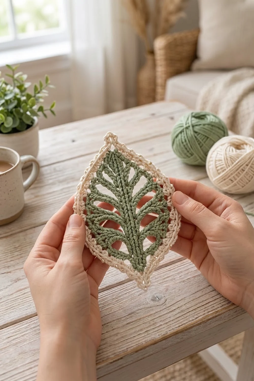 Hands hold a crochet leaf ornament with green lace center and cream border in a bright, minimalist home workspace.