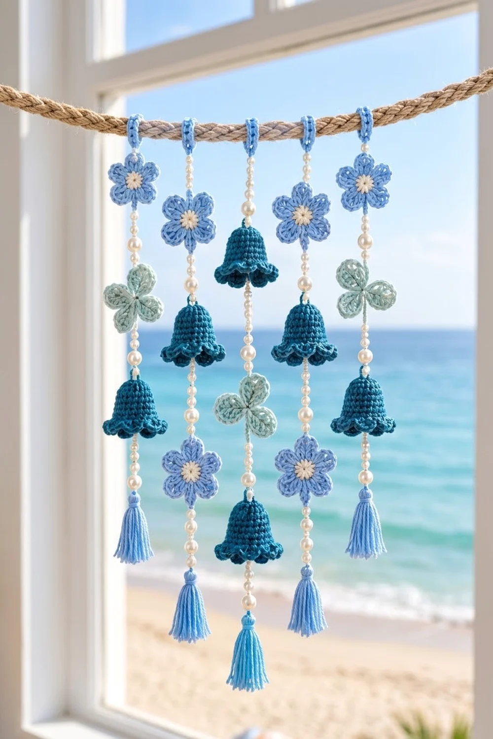 Crocheted mobile with blue bells, flowers, and pearl-beaded strands suspended in a sunny coastal window.