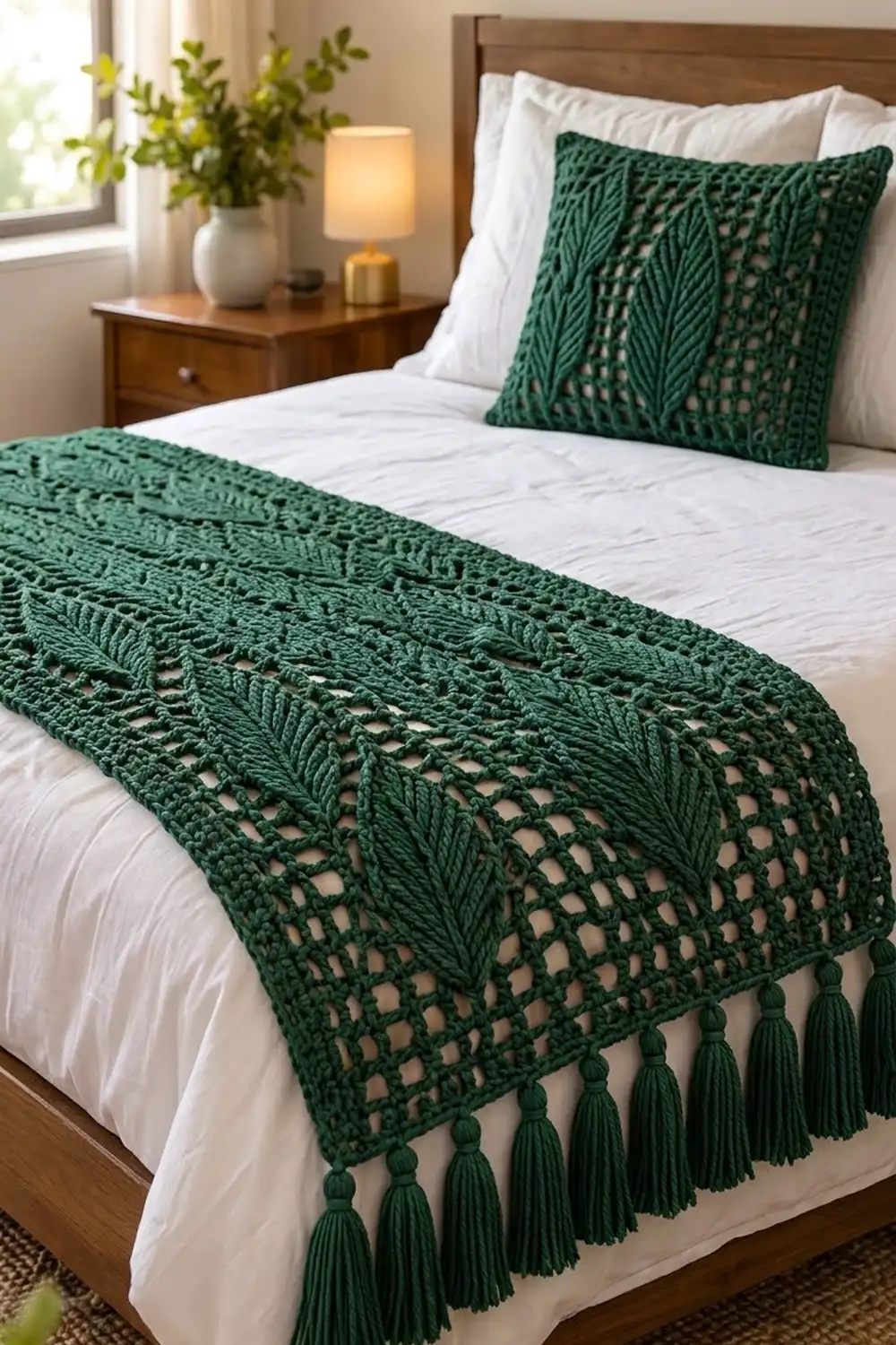 Forest green crocheted blanket with matching pillow, featuring intricate leaf patterns and tassel trim, styled on white bedding.