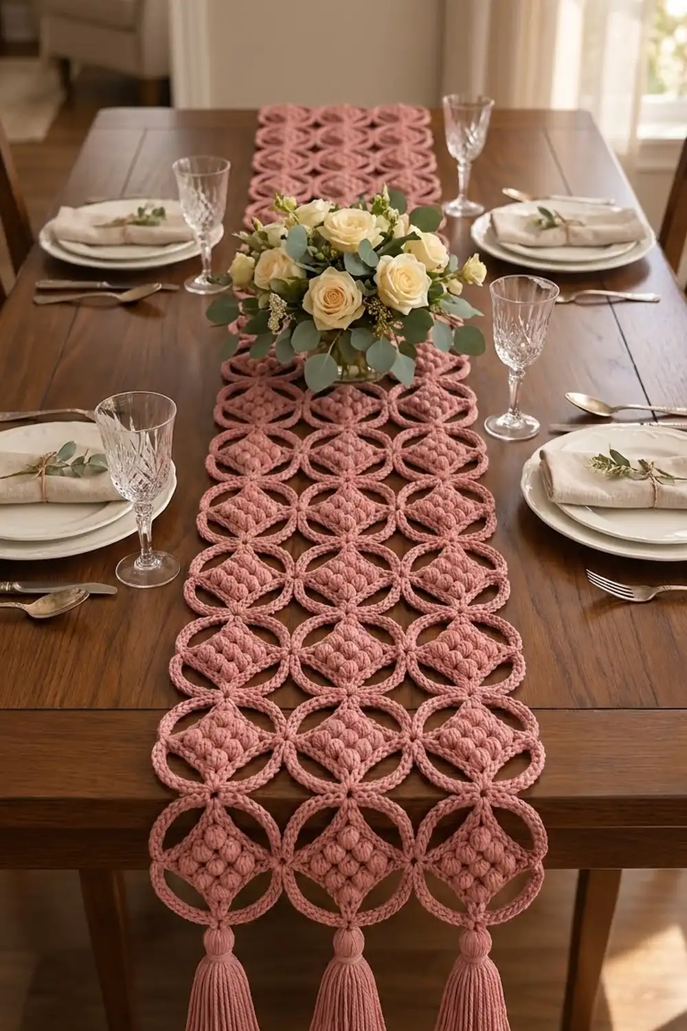 Pink crocheted table runner with geometric pattern and tassels styling a formal dining table with white place settings and cream roses.