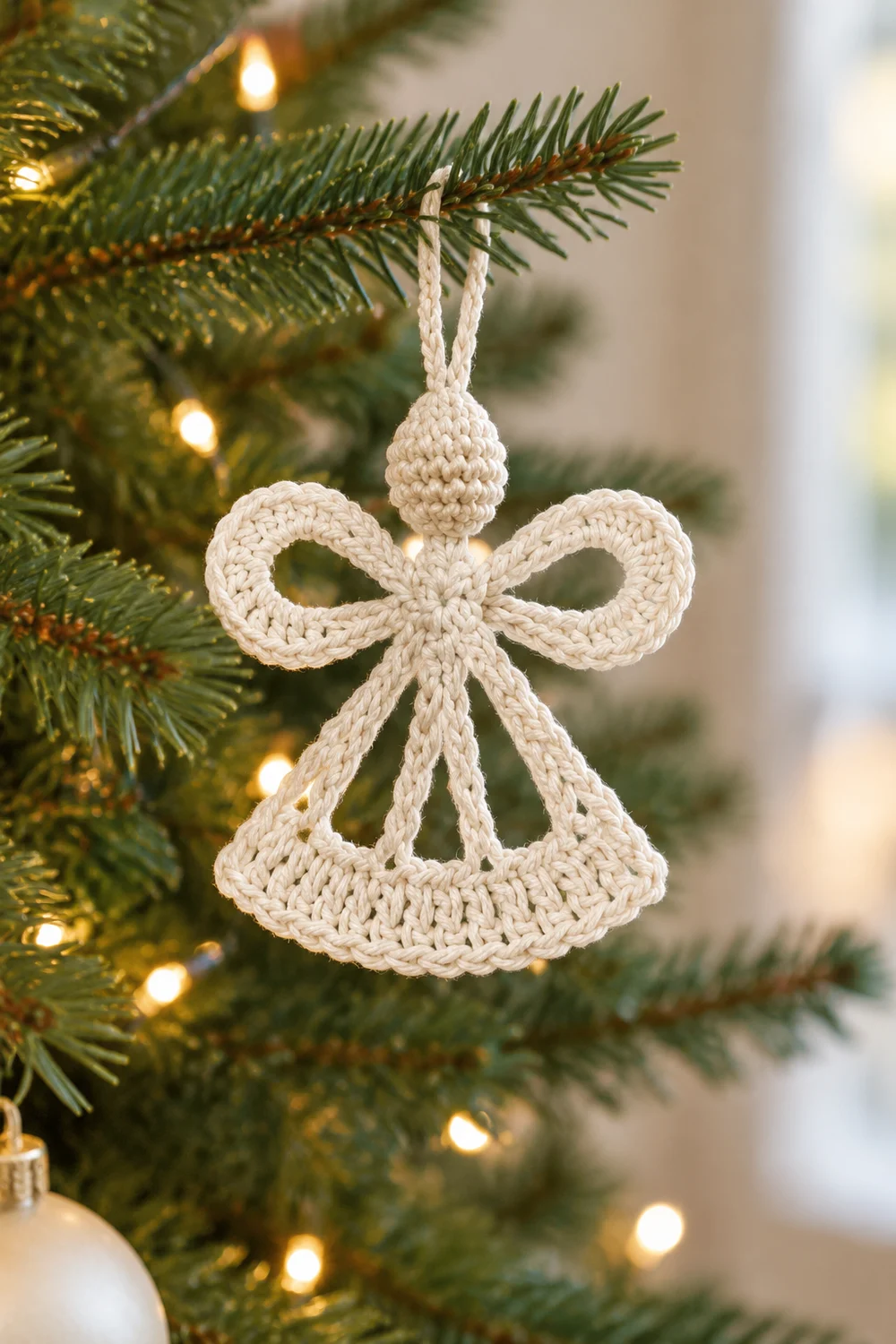 A cream-colored crocheted angel ornament hangs from an evergreen branch on a lit Christmas tree.