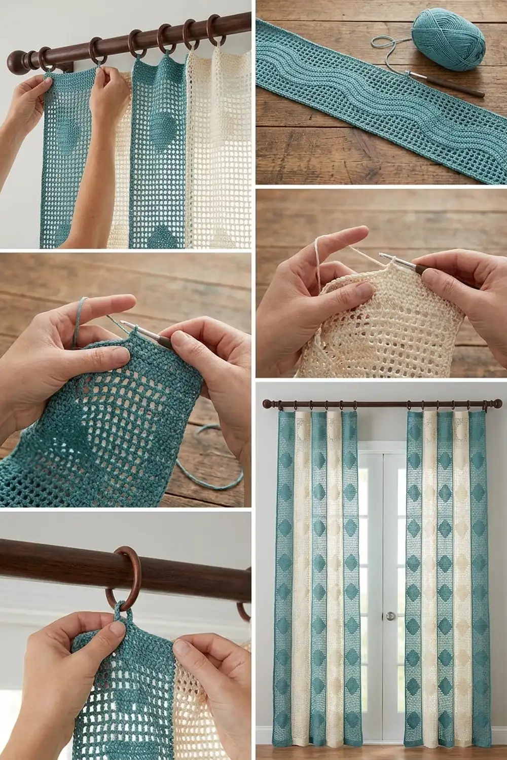 Teal and cream crocheted curtains with diamond lattice pattern styled on a bedroom window.