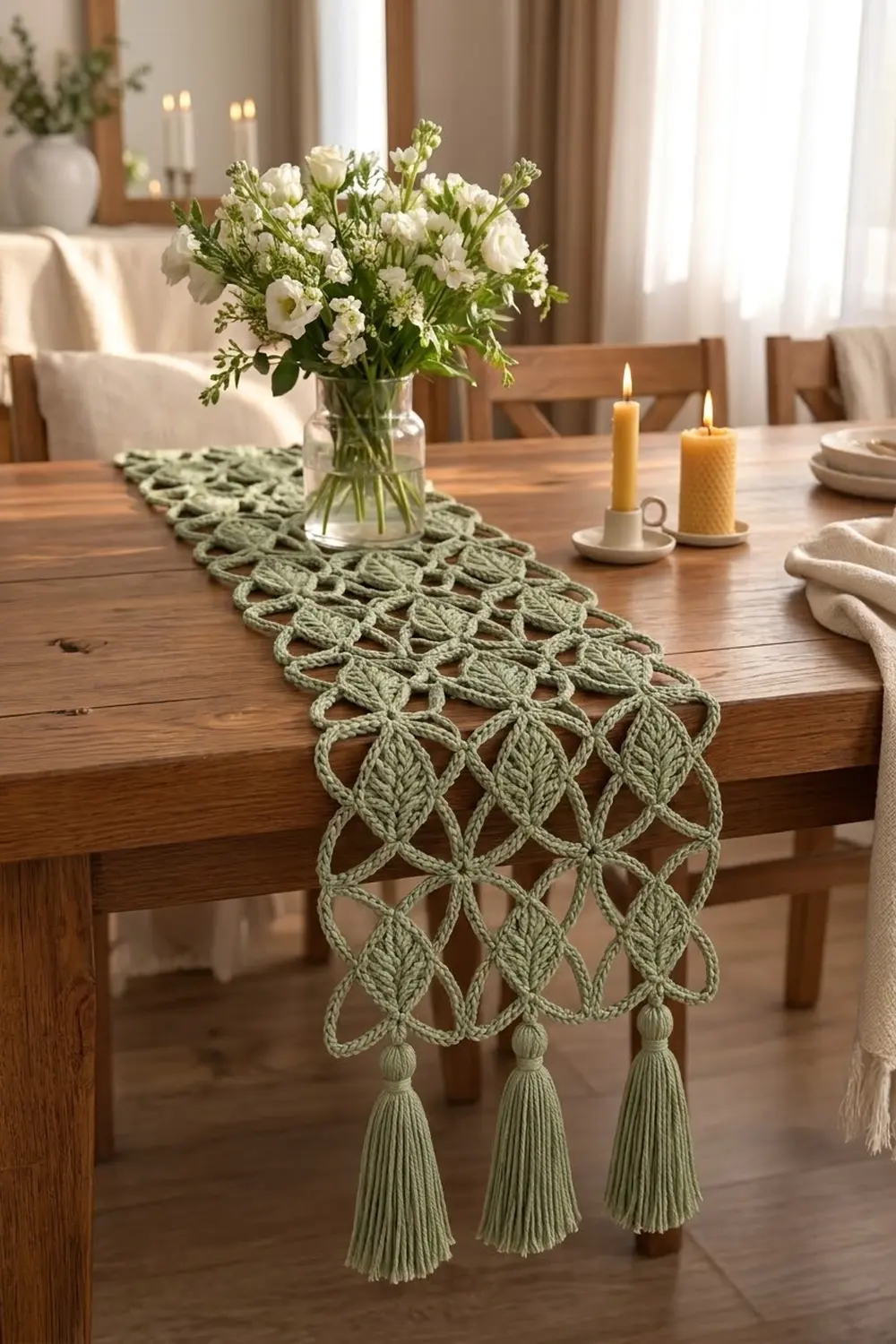 Sage green crocheted table runner with tassel trim styled on a wooden table with white flowers and lit candles.