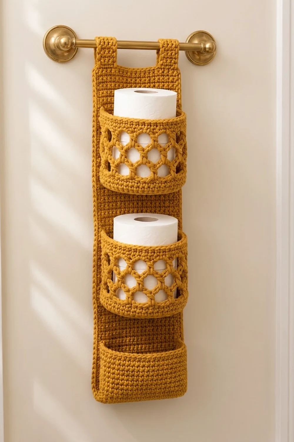 Mustard-yellow crocheted toilet paper holder with openwork pockets mounted on a brass rod, displaying two rolls of white tissue.