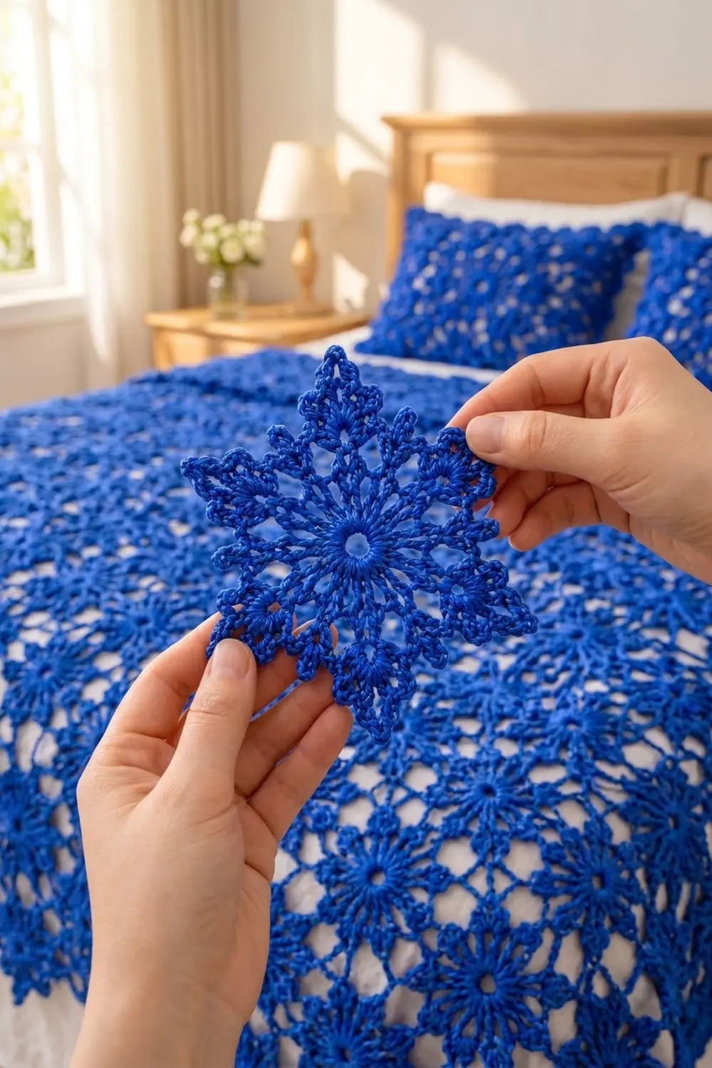 Hand holds intricate blue crocheted snowflake over coordinating lacework bedspread in bright, cozy bedroom.