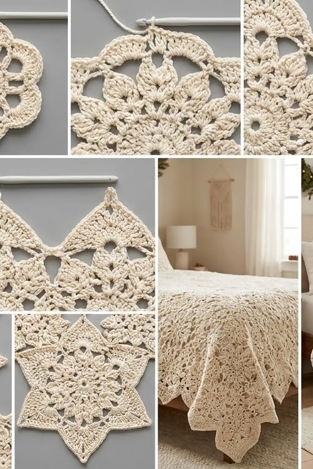 Cream-colored crocheted blanket with intricate lace pattern draped over a white bed in a bright, minimalist bedroom.